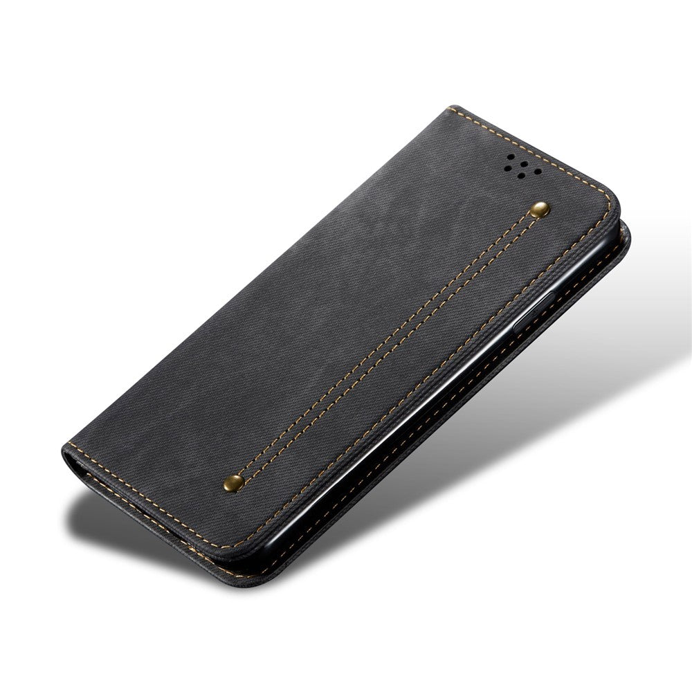 For Oppo K12x 5G (India) Case Jeans Cloth Texture Anti-Scratch Leather Stand Phone Cover - Black