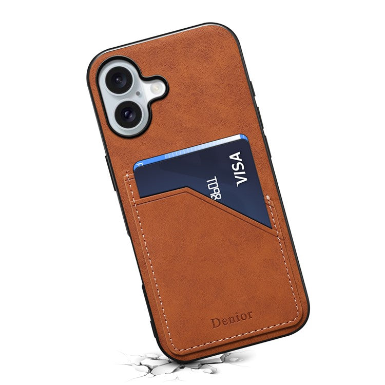 DENIOR For iPhone 16 Plus Case Dual Card Slots PU Leather+TPU+PC Phone Cover - Brown