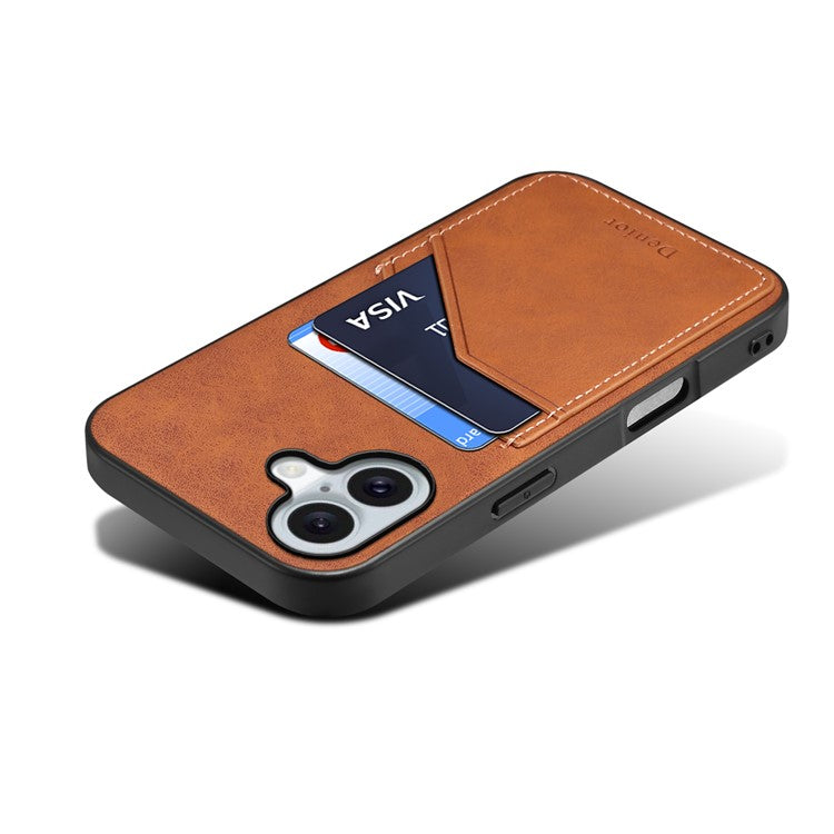 DENIOR For iPhone 16 Plus Case Dual Card Slots PU Leather+TPU+PC Phone Cover - Brown
