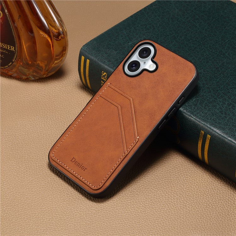 DENIOR For iPhone 16 Plus Case Dual Card Slots PU Leather+TPU+PC Phone Cover - Brown