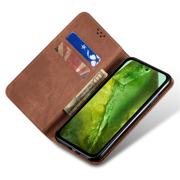 For Google Pixel 9 Pro / Pixel 9 Case Jeans Cloth Texture Anti-Scratch Leather Stand Phone Cover - Brown