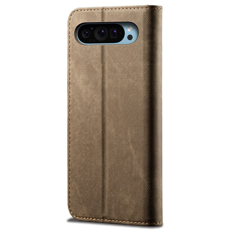 For Google Pixel 9 Pro / Pixel 9 Case Jeans Cloth Texture Anti-Scratch Leather Stand Phone Cover - Khaki