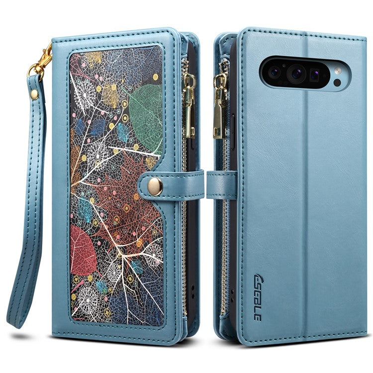 ESEBLE Galaxy Series For Google Pixel 9 Pro / Pixel 9 Case Leather Zipper Phone Cover RFID Blocking - Blue
