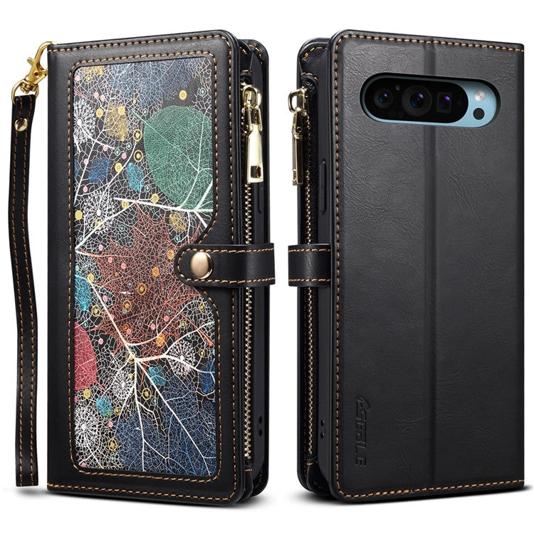 ESEBLE Galaxy Series For Google Pixel 9 Pro / Pixel 9 Case Leather Zipper Phone Cover RFID Blocking - Black