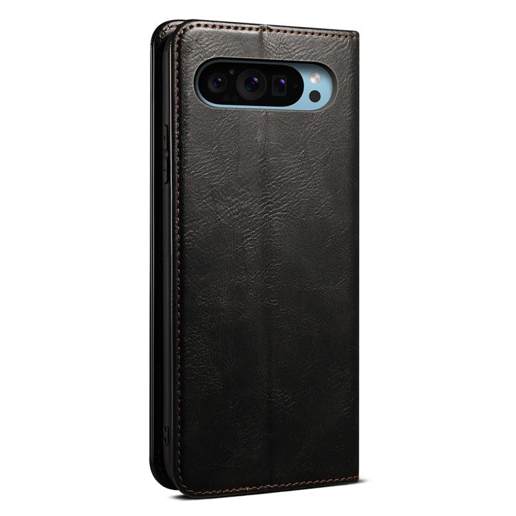 For Google Pixel 9 Pro / Pixel 9 Case Crazy Horse Texture Waxy Leather Wallet Stand Cover - Black