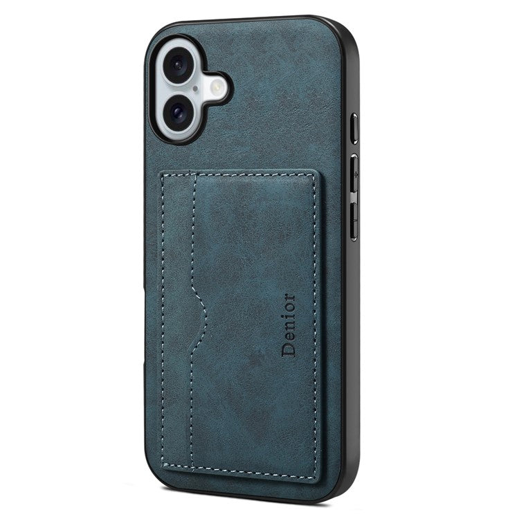 DENIOR For iPhone 16 Plus Case Card Holder Kickstand Retro Leather+PC+TPU Phone Cover - Blue