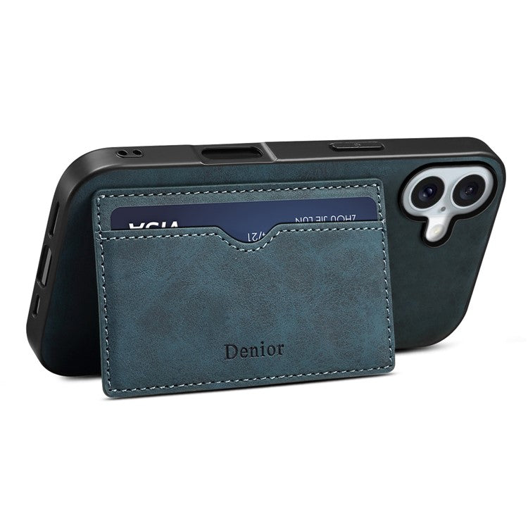 DENIOR For iPhone 16 Plus Case Card Holder Kickstand Retro Leather+PC+TPU Phone Cover - Blue
