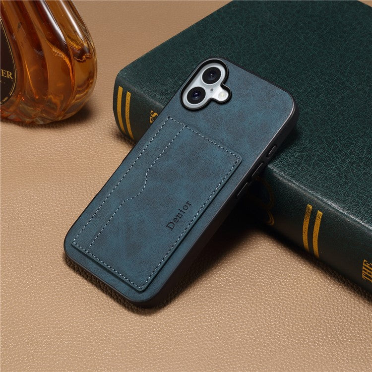 DENIOR For iPhone 16 Plus Case Card Holder Kickstand Retro Leather+PC+TPU Phone Cover - Blue