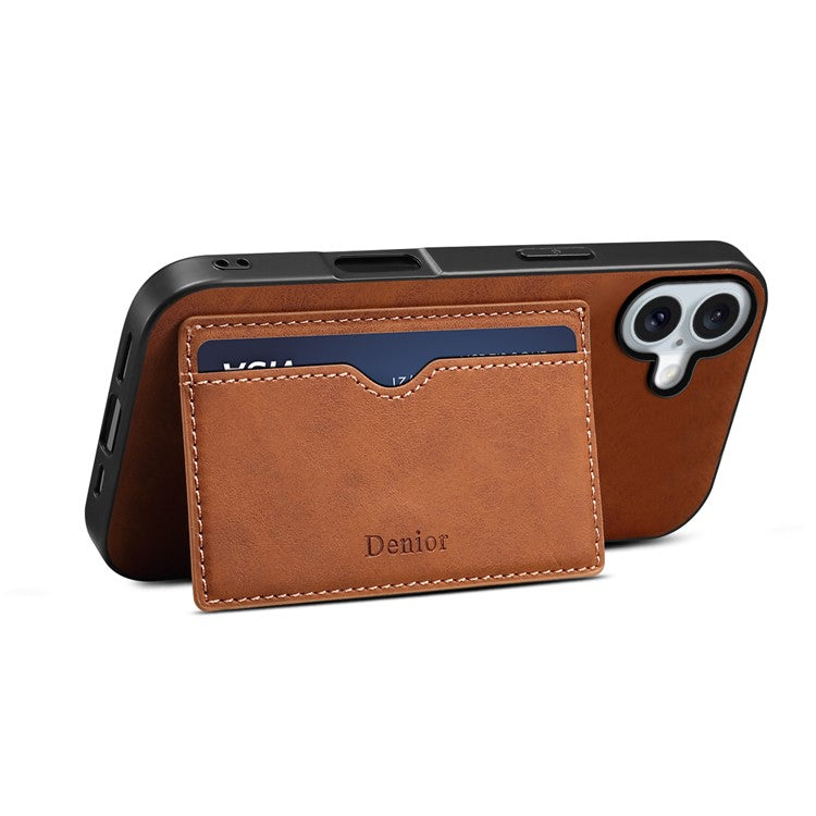 DENIOR For iPhone 16 Case Card Holder Kickstand Retro Leather+PC+TPU Phone Cover - Brown