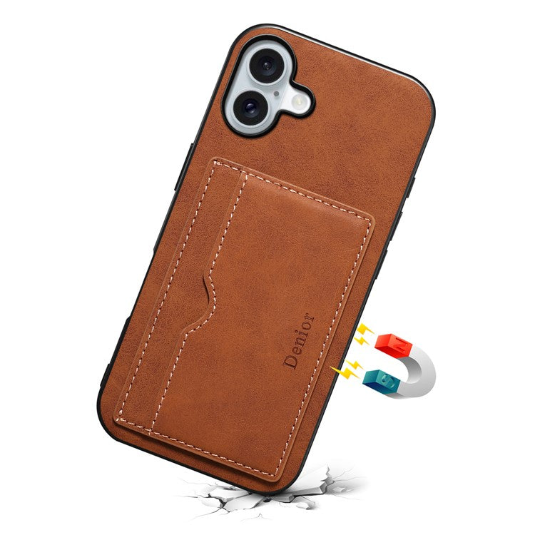 DENIOR For iPhone 16 Case Card Holder Kickstand Retro Leather+PC+TPU Phone Cover - Brown