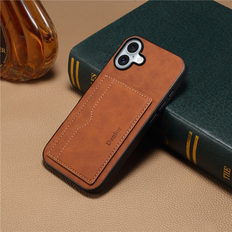 DENIOR For iPhone 16 Case Card Holder Kickstand Retro Leather+PC+TPU Phone Cover - Brown