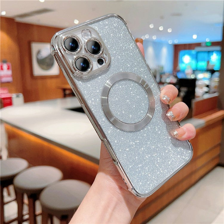 For iPhone 16 Pro Case Electroplating Glitter TPU Clear Phone Cover Compatible with MagSafe - Silver