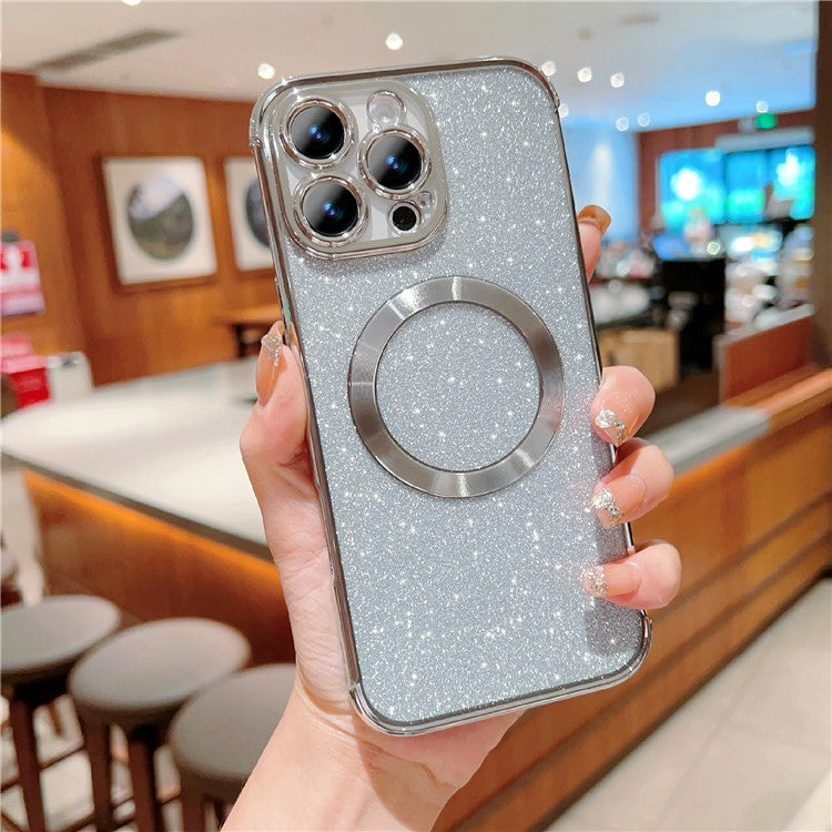 For iPhone 16 Pro Case Electroplating Glitter TPU Clear Phone Cover Compatible with MagSafe - Silver