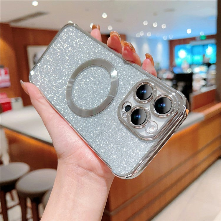 For iPhone 16 Pro Case Electroplating Glitter TPU Clear Phone Cover Compatible with MagSafe - Silver