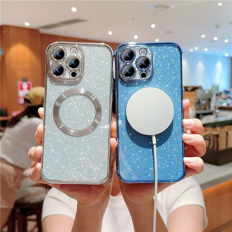 For iPhone 16 Pro Case Electroplating Glitter TPU Clear Phone Cover Compatible with MagSafe - Silver