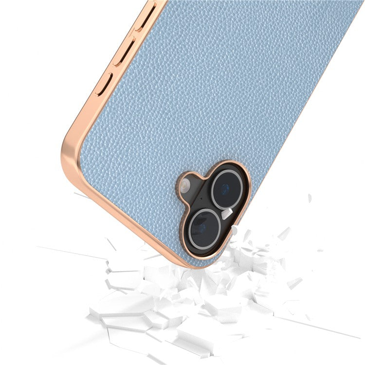 ABEEL For iPhone 16 Case Genuine Cow Leather+PC+TPU Electroplating Phone Cover - Baby Blue