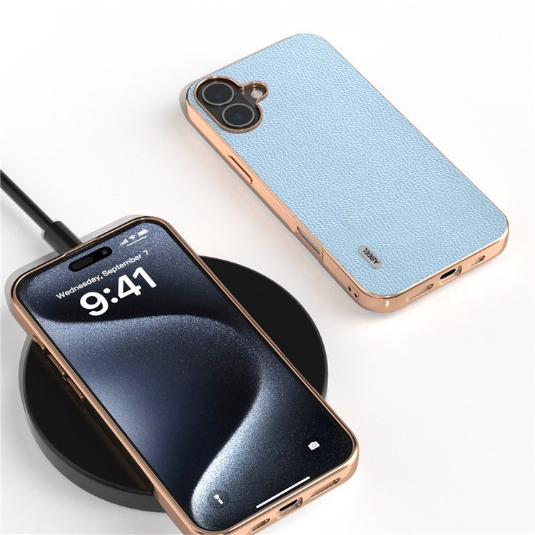 ABEEL For iPhone 16 Case Genuine Cow Leather+PC+TPU Electroplating Phone Cover - Baby Blue