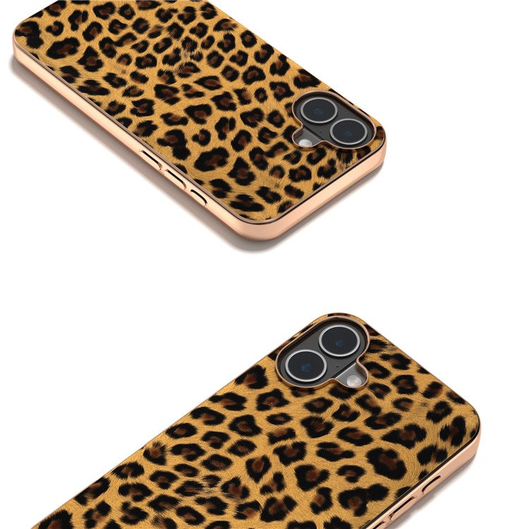 For iPhone 16 Case Electroplating Leopard Pattern PU+TPU Phone Cover - Gold