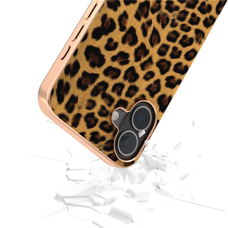 For iPhone 16 Case Electroplating Leopard Pattern PU+TPU Phone Cover - Gold