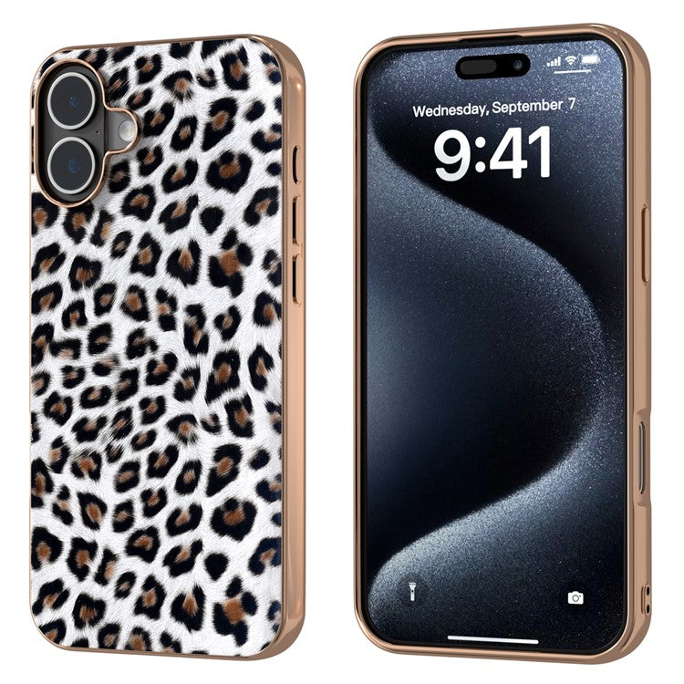 For iPhone 16 Plus Case Electroplating Leopard Pattern PU+TPU Phone Cover - Silver