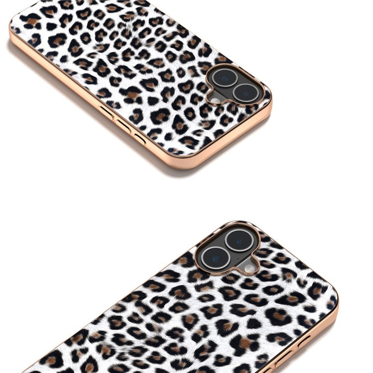 For iPhone 16 Plus Case Electroplating Leopard Pattern PU+TPU Phone Cover - Silver