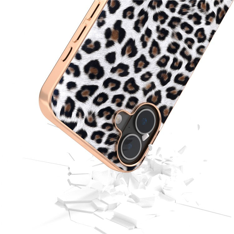For iPhone 16 Plus Case Electroplating Leopard Pattern PU+TPU Phone Cover - Silver