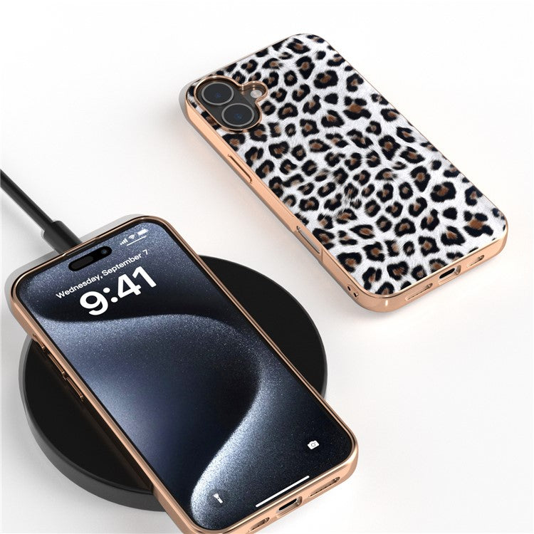 For iPhone 16 Plus Case Electroplating Leopard Pattern PU+TPU Phone Cover - Silver