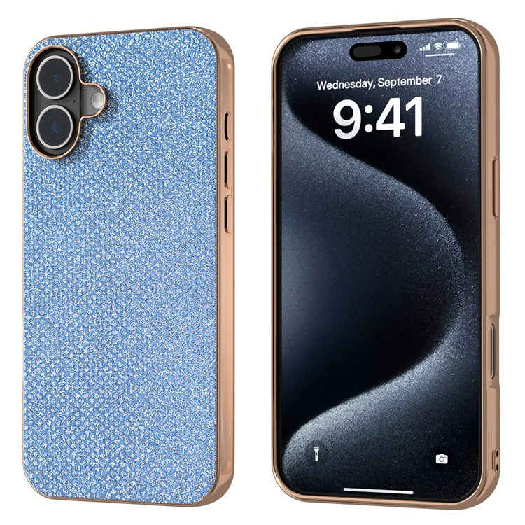 For iPhone 16 Case Rhinestone Texture PU+TPU Phone Cover Electroplating Edge - Blue