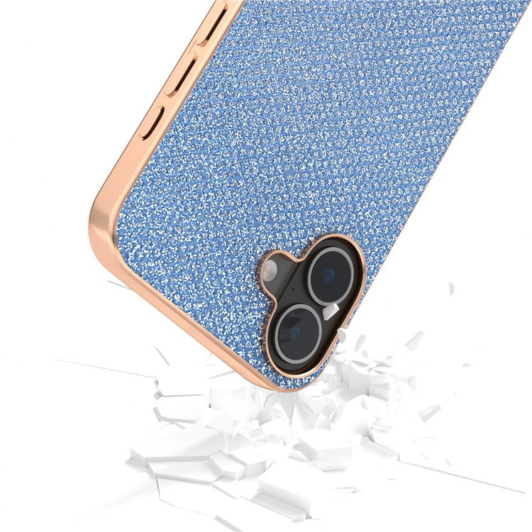 For iPhone 16 Case Rhinestone Texture PU+TPU Phone Cover Electroplating Edge - Blue