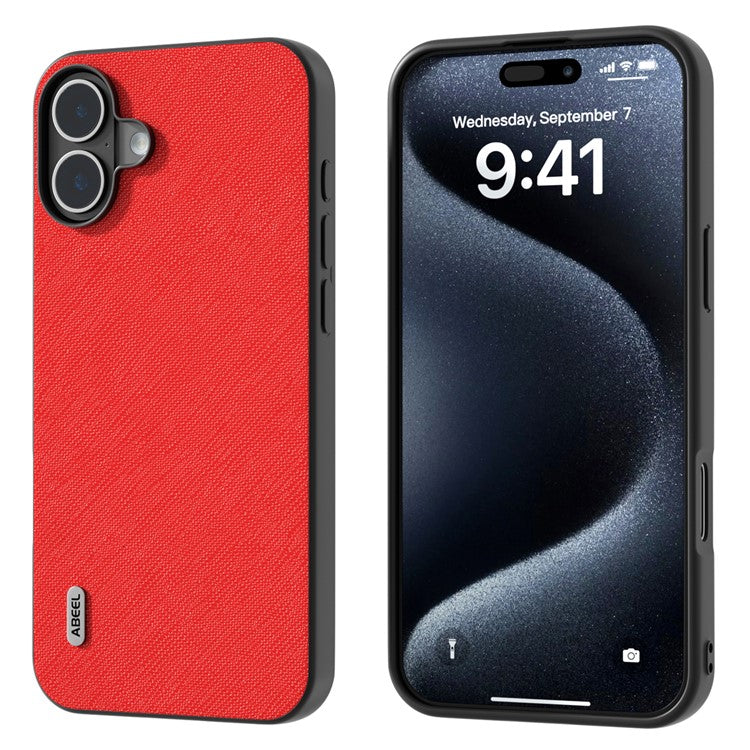 ABEEL For iPhone 16 Plus Case Cross Texture Genuine Cow Leather Hybrid Phone Case - Red