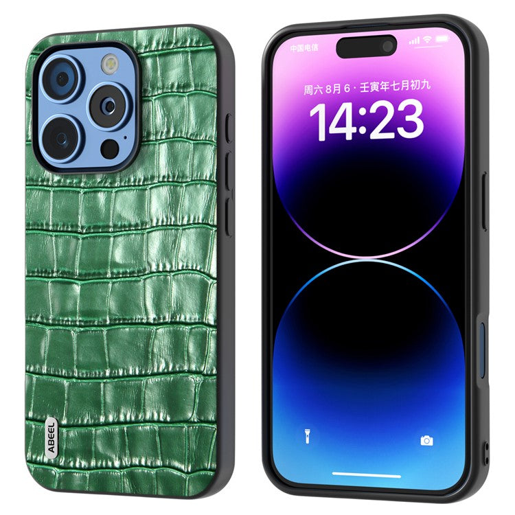 ABEEL For iPhone 16 Pro Cases Genuine Cow Leather+PC+TPU Drop-Proof Cell Phone Cover - Green