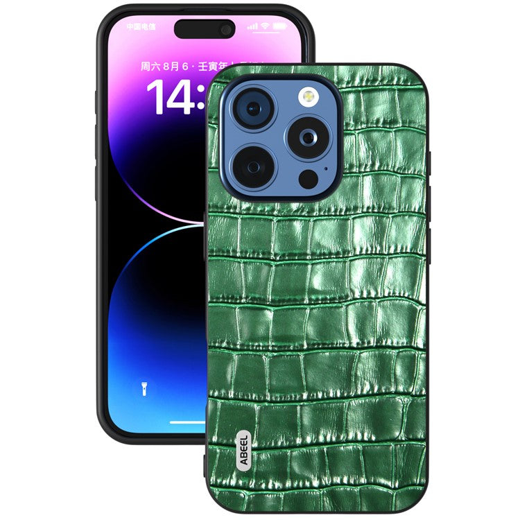 ABEEL For iPhone 16 Pro Cases Genuine Cow Leather+PC+TPU Drop-Proof Cell Phone Cover - Green