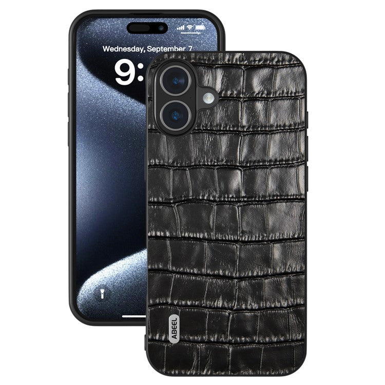 ABEEL For iPhone 16 Cases Genuine Cow Leather+PC+TPU Drop-Proof Cell Phone Cover - Black