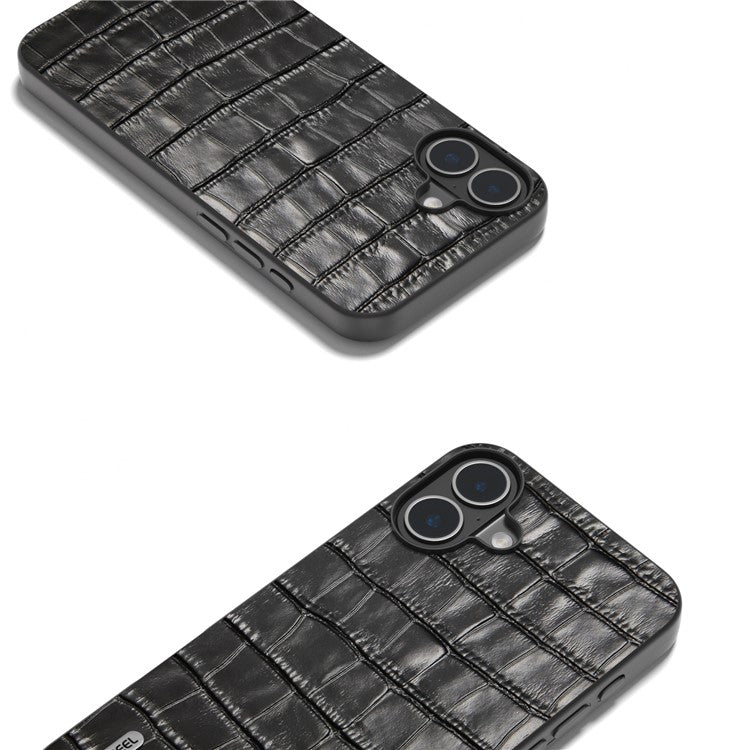 ABEEL For iPhone 16 Cases Genuine Cow Leather+PC+TPU Drop-Proof Cell Phone Cover - Black