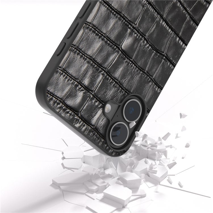 ABEEL For iPhone 16 Cases Genuine Cow Leather+PC+TPU Drop-Proof Cell Phone Cover - Black