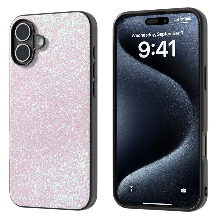 For iPhone 16 Plus Case Glitter PU Covered PC+TPU Phone Shell - Light Pink