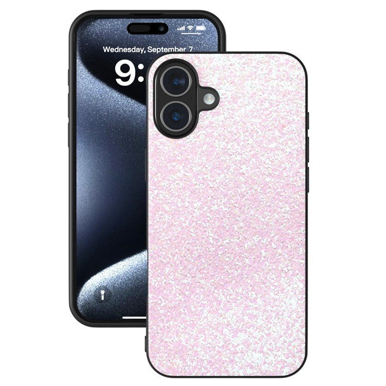 For iPhone 16 Plus Case Glitter PU Covered PC+TPU Phone Shell - Light Pink