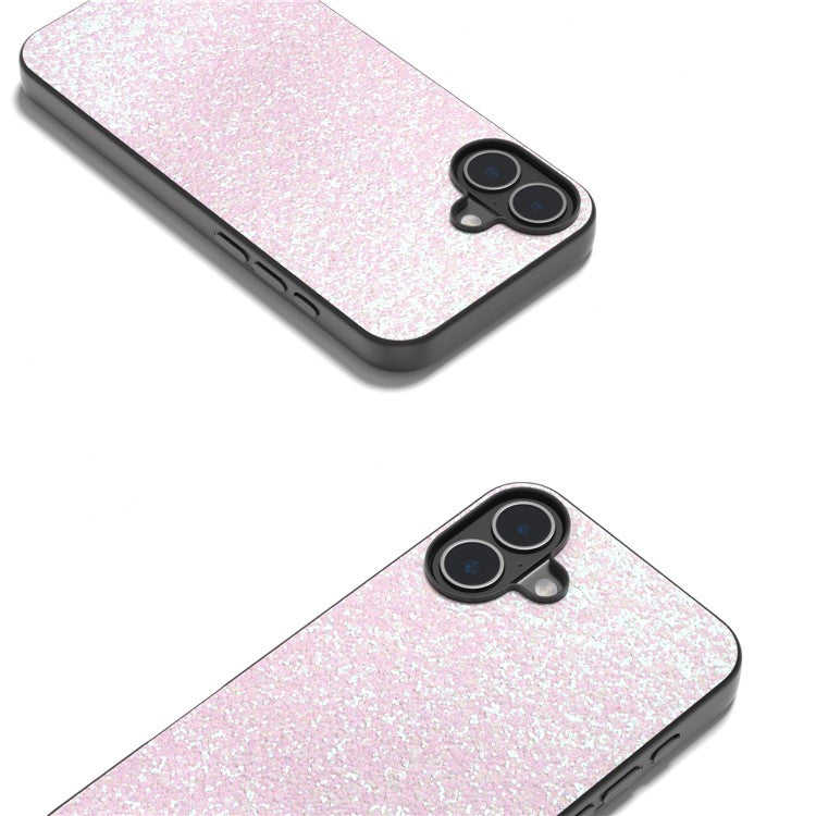 For iPhone 16 Plus Case Glitter PU Covered PC+TPU Phone Shell - Light Pink
