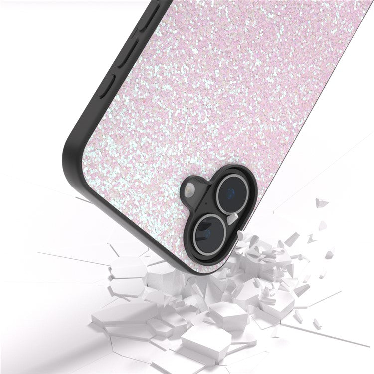 For iPhone 16 Plus Case Glitter PU Covered PC+TPU Phone Shell - Light Pink