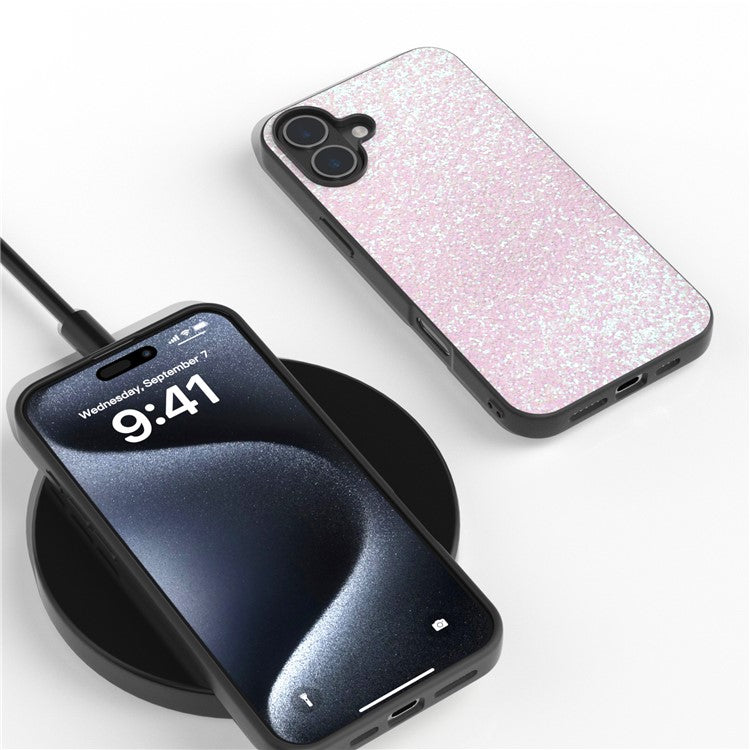 For iPhone 16 Plus Case Glitter PU Covered PC+TPU Phone Shell - Light Pink