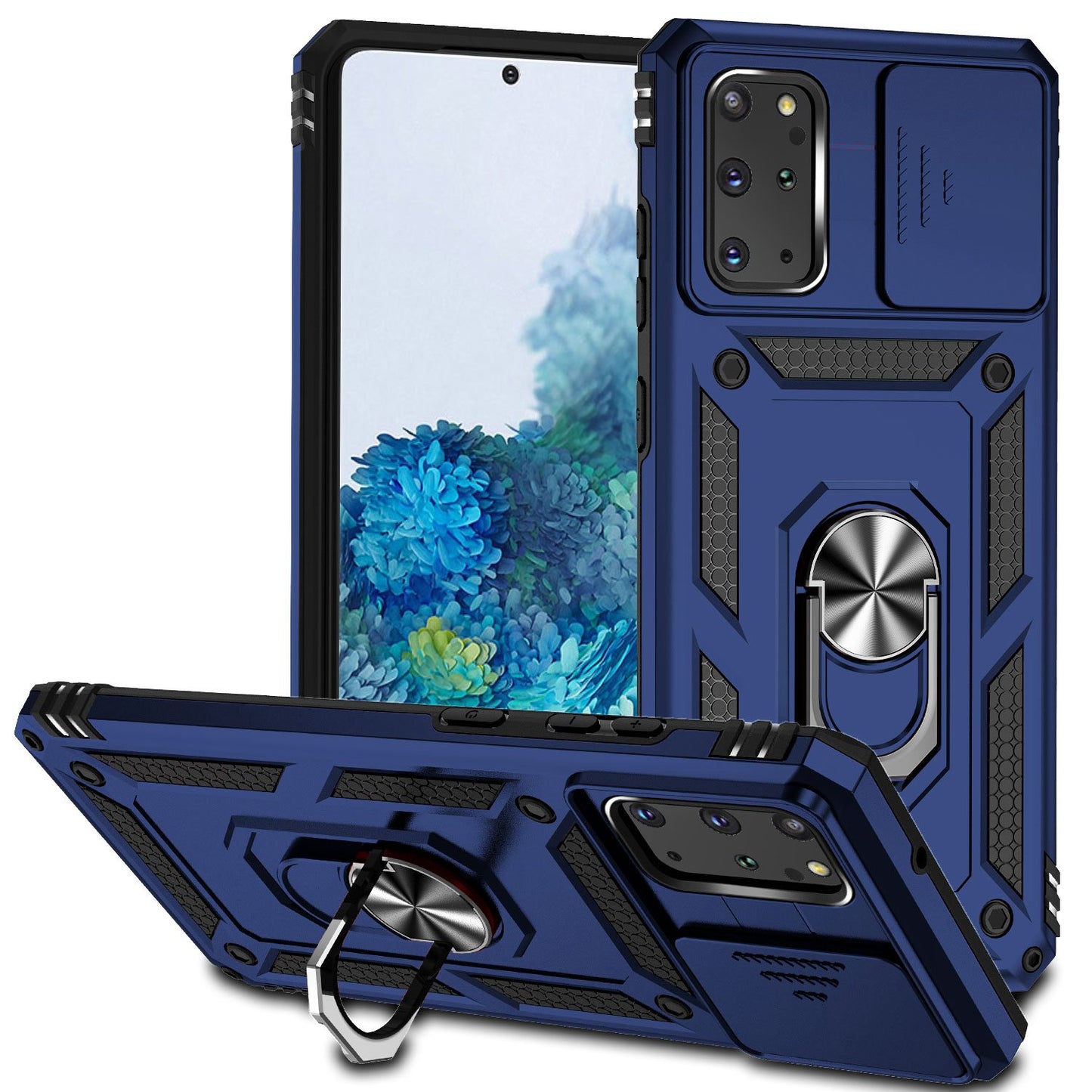 For Samsung Galaxy S20 Plus 4G / 5G Hard PC + Soft TPU Phone Case with Metal Ring Kickstand and Slide Camera Protection - Blue