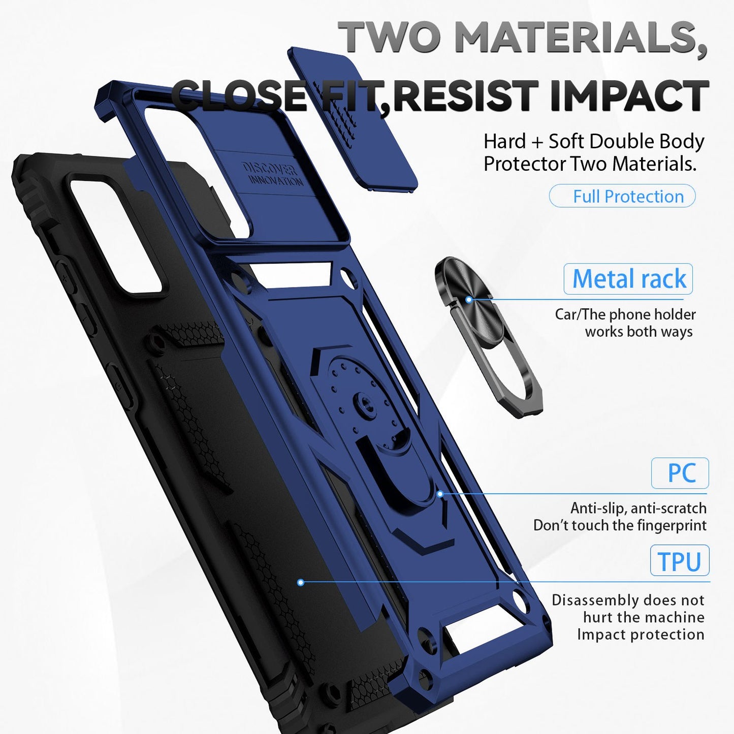 For Samsung Galaxy S20 Plus 4G / 5G Hard PC + Soft TPU Phone Case with Metal Ring Kickstand and Slide Camera Protection - Blue