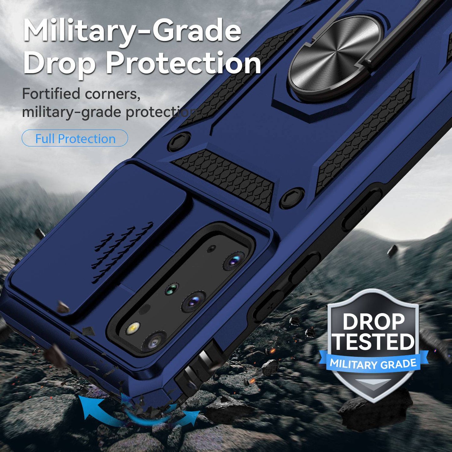 For Samsung Galaxy S20 Plus 4G / 5G Hard PC + Soft TPU Phone Case with Metal Ring Kickstand and Slide Camera Protection - Blue