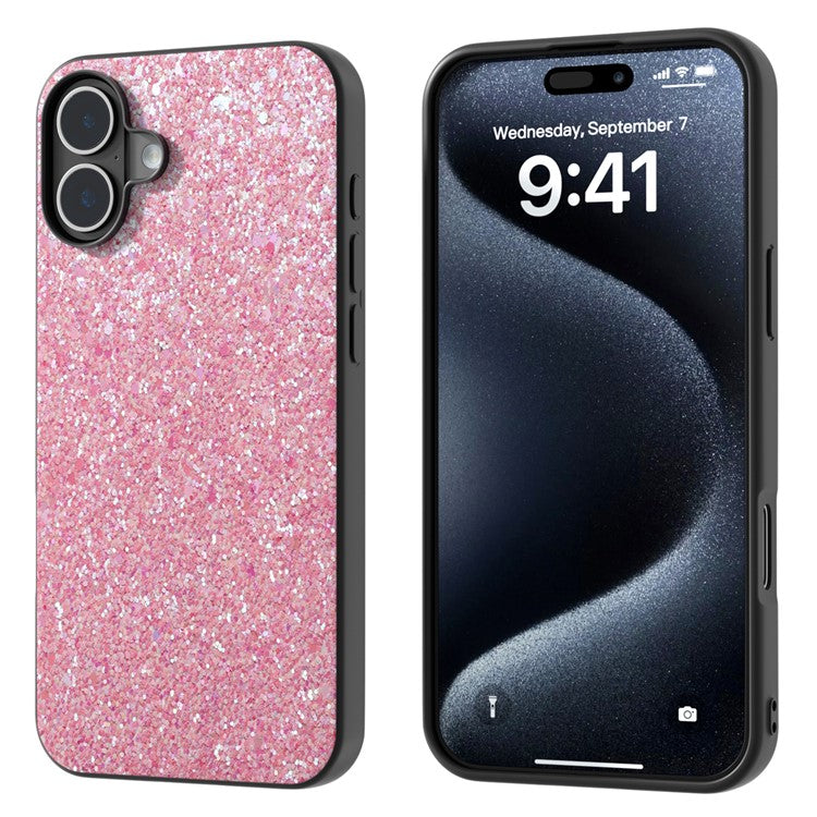 For iPhone 16 Case Glitter PU Covered PC+TPU Phone Shell - Deep Pink