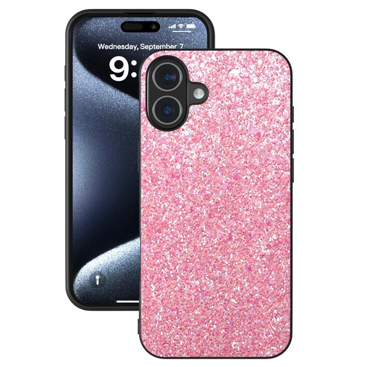 For iPhone 16 Case Glitter PU Covered PC+TPU Phone Shell - Deep Pink
