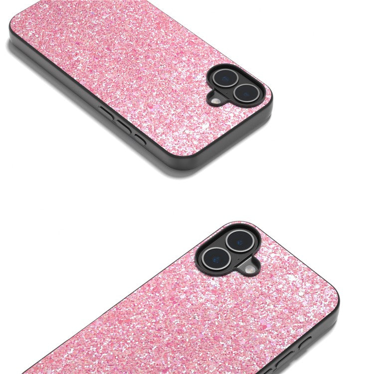 For iPhone 16 Case Glitter PU Covered PC+TPU Phone Shell - Deep Pink