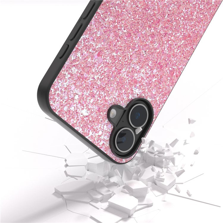 For iPhone 16 Case Glitter PU Covered PC+TPU Phone Shell - Deep Pink