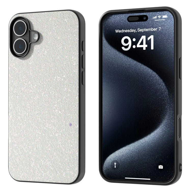 For iPhone 16 Case Glitter PU Covered PC+TPU Phone Shell - White