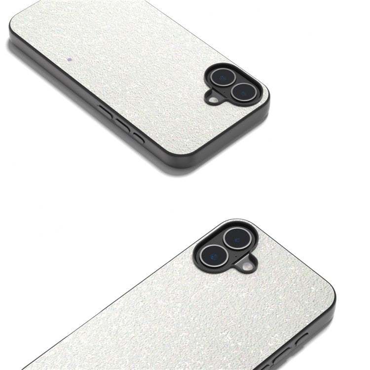 For iPhone 16 Case Glitter PU Covered PC+TPU Phone Shell - White