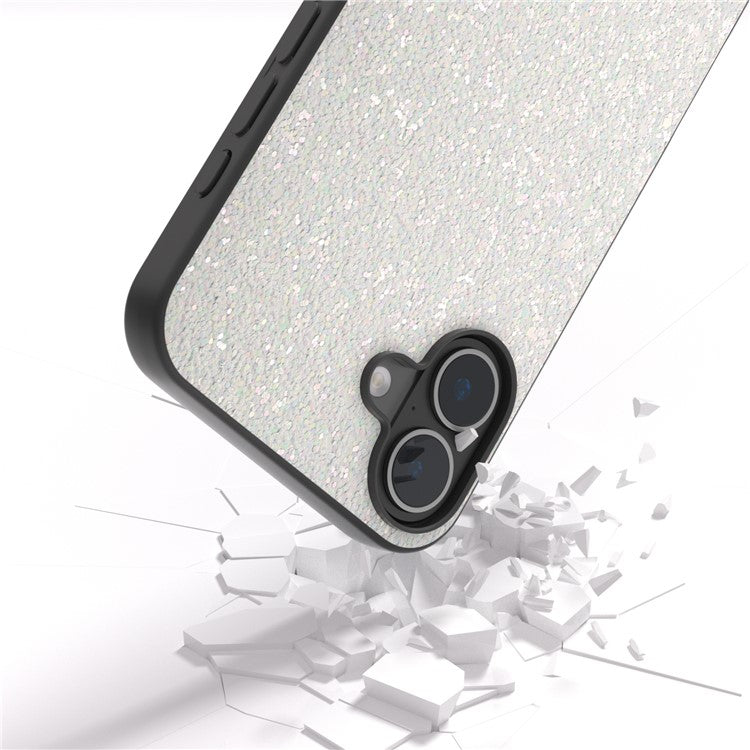 For iPhone 16 Case Glitter PU Covered PC+TPU Phone Shell - White
